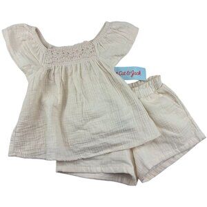 Cat Jack Toddler Sz 5T Girls Gauze 2pc Outfit Beige Cream Crochet Cotton NWT